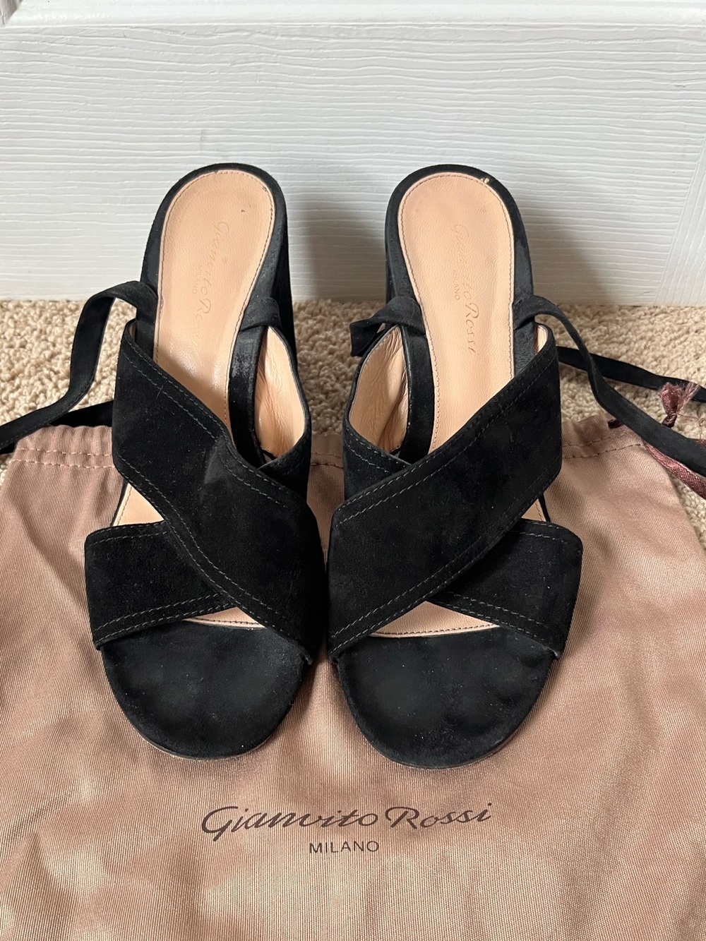 🖤 Gianvito Rossi - Black Suede Wrap Around Sandals with Block Heel